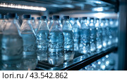 refrigerator shelves fully filled with unlabeled water bottles. Стоковое AI-изображение, AI-художник Margarita Davchenko / Фотобанк Лори