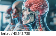 A close-up view of a human anatomy model showcasing the skull, brain, and spinal cord. Стоковое AI-видео, аниматор Данила Большаков / Фотобанк Лори