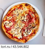 On plate is small round pizza on thin yeast dough with slices of ham and pieces of mushrooms. Стоковое фото, фотограф Яков Филимонов / Фотобанк Лори