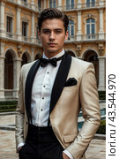 Portrait of handsome young man in tuxedo and bow tie at luxury palace, serious looking at camera. Confident stylish guy businessman in tux. Fashionable festive image concept. Copy ad text space. Стоковое AI-изображение, AI-художник Aleksandr Golubev / Фотобанк Лори