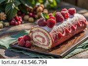 Swiss sponge roll with raspberries, a delicious fruit and cream dessert filled with cream cheese, decorated with fresh raspberries. Стоковое AI-изображение, AI-художник Photojuli / Фотобанк Лори