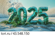Happy new year 2025 holiday background with numbers 2025. Glittering 2025 green plant 3D text on snow background, greeting card, Christmas and new year celebration, holiday season, sparkling light. Стоковое AI-видео, аниматор Ирина Михайличенко / Фотобанк Лори