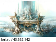 A fantastic architectural landscape that combines elements of classical and futuristic styles. At the center of the composition are magnificent buildings with tall spiers, decorated with exquisite details and ornaments. In the background is a city with high-rise buildings and modern structures surrounding a body of water. The background is made in soft blue and white tones, creating a feeling of airiness and unreality. Стоковое AI-изображение, AI-художник Анна Кривицкая / Фотобанк Лори