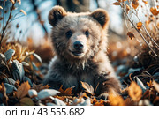 A cute little bear cub sitting among the autumn yellow foliage. Animal hunting. Poaching. Стоковое AI-изображение, AI-художник Photojuli / Фотобанк Лори