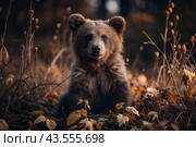 A cute little bear cub sitting among the autumn yellow foliage. Animal hunting. Poaching. Стоковое AI-изображение, AI-художник Photojuli / Фотобанк Лори