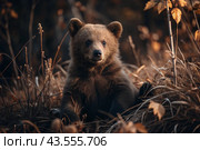 A cute little bear cub sitting among the autumn yellow foliage. Animal hunting. Poaching. Стоковое AI-изображение, AI-художник Photojuli / Фотобанк Лори