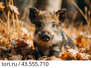 A cute little boar sitting among the autumn yellow foliage. Animal hunting. Стоковое AI-изображение, AI-художник Photojuli / Фотобанк Лори