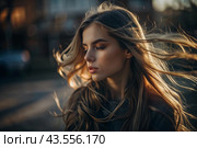 A beautiful, young woman with a thoughtful look. The hair develops in the wind and gives a feeling of lightness and naturalness. Стоковое AI-изображение, AI-художник Photojuli / Фотобанк Лори