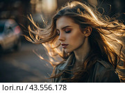 A beautiful, young woman with a thoughtful look. The hair develops in the wind and gives a feeling of lightness and naturalness. Стоковое AI-изображение, AI-художник Photojuli / Фотобанк Лори