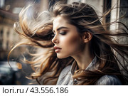 A beautiful, young woman with a thoughtful look. The hair develops in the wind and gives a feeling of lightness and naturalness. Стоковое AI-изображение, AI-художник Photojuli / Фотобанк Лори