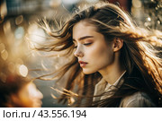A beautiful, young woman with a thoughtful look. The hair develops in the wind and gives a feeling of lightness and naturalness. Стоковое AI-изображение, AI-художник Photojuli / Фотобанк Лори