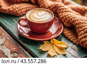 A seasonal drink. Delicious hot cappuccino in a mug with a saucer and a knitted snood, a scarf on a wooden table in the interior of the cafe. It's a rainy autumn day. Стоковое AI-изображение, AI-художник Photojuli / Фотобанк Лори