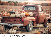 Autumn, autumn design. A large harvest of pumpkins on the back seat of a retro pickup truck, close-up. Стоковое AI-изображение, AI-художник Photojuli / Фотобанк Лори