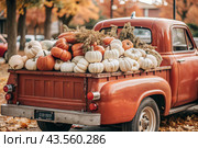 Autumn, autumn design. A large harvest of pumpkins on the back seat of a retro pickup truck, close-up. Стоковое AI-изображение, AI-художник Photojuli / Фотобанк Лори