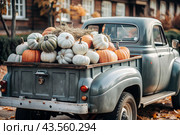 Autumn, autumn design. A large harvest of pumpkins on the back seat of a retro pickup truck, close-up. Стоковое AI-изображение, AI-художник Photojuli / Фотобанк Лори
