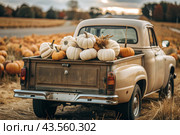 Autumn, autumn design. A large harvest of pumpkins on the back seat of a retro pickup truck, close-up. Стоковое AI-изображение, AI-художник Photojuli / Фотобанк Лори