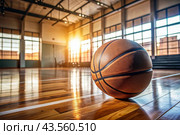 A basketball on the floor of a basketball court. The ball is in close-up. Стоковое AI-изображение, AI-художник Photojuli / Фотобанк Лори