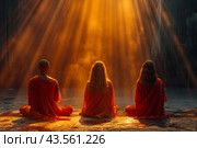 Three Monks Meditating in Golden Light at a Buddhist Temple. Стоковое AI-изображение, AI-художник Сергей Толмачёв / Фотобанк Лори