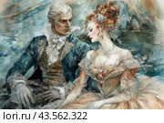 A man and a woman in luxurious Baroque or Rococo clothing. A man with white hair and an ornate suit looks at a woman who has her head bowed and is wearing an elegant lace dress. The painting is made using watercolor technique, using soft, blurry shades of blue, green and brown, which creates a romantic and mysterious atmosphere. The background of the image is also made in watercolor strokes, adding to the overall harmony of the composition. Стоковое AI-изображение, AI-художник Анна Кривицкая / Фотобанк Лори