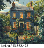 Cozy house with a blue facade and a large garden in front of it. The house is two stories high, with brick chimneys and large windows pouring in warm light. There are flower pots with bright flowers on the windows. The garden in front of the house is full of a variety of plants, flowering shrubs and flowers, creating an atmosphere of comfort and peace. There is a small fence around the garden, and trees and neighboring houses are visible behind the house. Light clouds float against the sky, creating the feeling of a warm summer day. Стоковое AI-изображение, AI-художник Анна Кривицкая / Фотобанк Лори