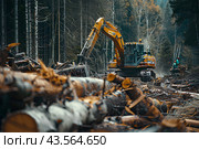 Техника в лесу, экскаватор расчищает поваленный лес. Стоковое AI-изображение, AI-художник Щеголева Ольга / Фотобанк Лори