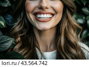 A beautiful, charming, snow-white female smile. A woman's teeth before and after whitening. The concept of dental clinics. Стоковое AI-изображение, AI-художник Photojuli / Фотобанк Лори