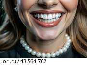 A beautiful, charming, snow-white female smile. A woman's teeth before and after whitening. The concept of dental clinics. Стоковое AI-изображение, AI-художник Photojuli / Фотобанк Лори