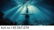 Submarine Partially Submerged in Deep Ocean Water With Sunlight Shining Through. Стоковое AI-изображение, AI-художник Юлия Гапеенко / Фотобанк Лори