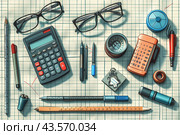 A Collection Of Tools And Supplies On A Gridded Surface. Стоковое AI-изображение, AI-художник Сергей Толмачёв / Фотобанк Лори