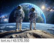 Happy Cosmonautics Day. Astronauts in a spacesuit on the moon in outer space. Spectacular view of the planet Earth. Стоковое AI-изображение, AI-художник Photojuli / Фотобанк Лори