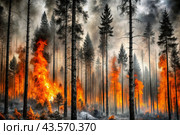 Danger. A forest fire. Bright flames. Take care of nature. Don't make bonfires in the woods. Стоковое AI-изображение, AI-художник Photojuli / Фотобанк Лори