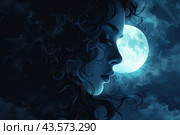 Artistic illustration in dark blue tones. In the foreground is the profile of a girl with her eyes closed, her hair smoothly turning into abstract patterns reminiscent of clouds or whirlwinds. In the background, a large bright moon is visible, illuminating the girl's face. The overall atmosphere of the picture is mystical and romantic, with elements of the night sky and stars. Стоковое AI-изображение, AI-художник Анна Кривицкая / Фотобанк Лори
