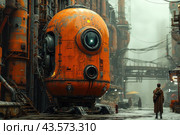 Futuristic city scene with a massive orange capsule-like robot standing against an industrial landscape. The robot has a round shape and many technical details that create the feeling of a high-tech device. Around the robot are visible metal structures, pipes and wires typical of an industrial area. In the foreground is the figure of a man in a long cloak, looking at the robot. The atmosphere of the scene is dark and bleak, which is emphasized by the cloudy weather and the overall color scheme of the image. This image is ideal for use in projects related to science fiction, industrial design and future technology. Стоковое AI-изображение, AI-художник Анна Кривицкая / Фотобанк Лори