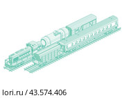 Isometric train engine. Locomotive with railroad tank car, passenger railroad car, hopper car and freight railroad car. Railway. Стоковая иллюстрация, иллюстратор Игорь Сорокин / Фотобанк Лори