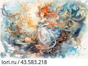 Fantastic scene with a girl in the center of the composition. The girl is dressed in a light dress, her long hair flutters around, creating the impression of movement and lightness. There are many abstract elements floating around her, reminiscent of clouds, waves and flowers. The color scheme of the image consists of pastel colors, mainly blue, gold and orange. The whole composition creates a feeling of magic and enchantment. Стоковое AI-изображение, AI-художник Анна Кривицкая / Фотобанк Лори