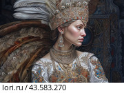 A woman in a luxurious traditional costume, decorated with intricate embroidery and beads. She wears a magnificent headdress, encrusted with precious stones and feathers, which falls spectacularly behind her shoulders. The woman looks majestic and graceful, her image is complemented by long earrings and a massive necklace that shimmer in the light. The background of the picture is made in dark colors with elements of traditional patterns, which emphasizes the richness and sophistication of the outfit. Стоковое AI-изображение, AI-художник Анна Кривицкая / Фотобанк Лори