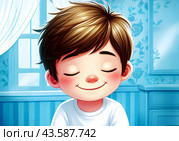 Иллюстрация мальчик сидит в комнате с синими обоями закрыл глаза доволен и улыбается. Стоковое AI-изображение, AI-художник Ольга Пахомова / Фотобанк Лори