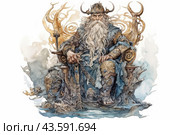 A mighty Viking king sitting on a throne decorated with carvings resembling horns. The king is dressed in rich clothes with elements of armor, decorated with patterns and precious stones. He has long gray hair and a beard, and on his head is a massive crown with horns. His facial expression is serious and authoritative, and he holds a scepter in his hands. The background of the image is made in light colors with an emphasis on the details of the throne and royal vestments, creating an atmosphere of grandeur and mysticism. Стоковое AI-изображение, AI-художник Анна Кривицкая / Фотобанк Лори