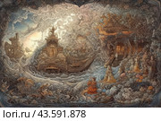 A fantastic scene made in the style of a baroque engraving. The central place is occupied by a majestic ship, surrounded by waves, from which architectural elements and figures rise, as if coming to life from sea foam. The ship is decorated with intricate patterns and carvings, giving it the appearance of an ancient artifact. On the sides you can see a building with towers and a staircase leading to an illuminated entrance, near which stand figures in long dresses. The entire background is filled with whimsical patterns and swirls, creating a sense of movement and magic. Стоковое AI-изображение, AI-художник Анна Кривицкая / Фотобанк Лори