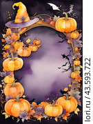 Autumn poster made of pumpkins, hats and Halloween attributes with copy space. Стоковое AI-изображение, AI-художник Мария Мороз / Фотобанк Лори