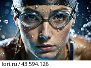 Sports swimming. Women's swim. An athlete wearing swimming glasses in a swimming pool at a close-up competition. The woman looks directly into the camera. Стоковое AI-изображение, AI-художник Photojuli / Фотобанк Лори