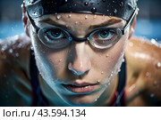 Sports swimming. Women's swim. An athlete wearing swimming glasses in a swimming pool at a close-up competition. The woman looks directly into the camera. Стоковое AI-изображение, AI-художник Photojuli / Фотобанк Лори