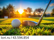 The banner. A white ball and a metal golf club are lying on the lawn in the hands of a man against the sunset background. An advertisement for a golf game at a country club. Free space for text. Стоковое AI-изображение, AI-художник Photojuli / Фотобанк Лори
