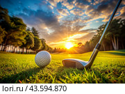 The banner. A white ball and a metal golf club are lying on the lawn in the hands of a man against the sunset background. An advertisement for a golf game at a country club. Free space for text. Стоковое AI-изображение, AI-художник Photojuli / Фотобанк Лори