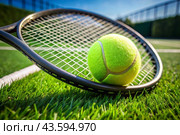 A yellow tennis ball and a tennis racket are lying on the lawn. A summer sport. Great tennis. Стоковое AI-изображение, AI-художник Photojuli / Фотобанк Лори
