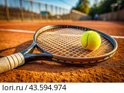 There is a yellow tennis ball and a tennis racket on the dirt court. A summer sport. Great tennis. Стоковое AI-изображение, AI-художник Photojuli / Фотобанк Лори
