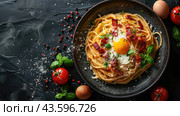 Top View of Classic Italian Carbonara Pasta with Bacon, Cheese, and Egg Yolks, Perfect for High-End Culinary Magazines. with steam, copy space. Italian Cuisine concept. Стоковое AI-изображение, AI-художник Ирина Михайличенко / Фотобанк Лори