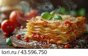 Traditional lasagna made with minced beef Bolognese sauce and bechamel sauce topped with basil leaves, steam, tasty. space for text. Italian Cuisine concept. Стоковое AI-изображение, AI-художник Ирина Михайличенко / Фотобанк Лори