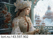 A young woman in traditional Russian attire standing at the window, behind which a winter landscape with snow-covered domes of churches and buildings is visible. The woman is dressed in an ornate white dress with gold and red patterns and a headdress with exquisite details. She is holding a bouquet of winter flowers in her hands. The interior is also decorated with flowers and greenery. The painting conveys an atmosphere of winter magic, rich culture and elegance. Стоковое AI-изображение, AI-художник Анна Кривицкая / Фотобанк Лори