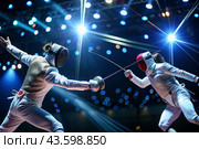 Fencers in the arena with rapiers in their hands during training are fighting a duel. Sports fencing. Fencing is a type of Summer Olympic Games. Стоковое AI-изображение, AI-художник Photojuli / Фотобанк Лори